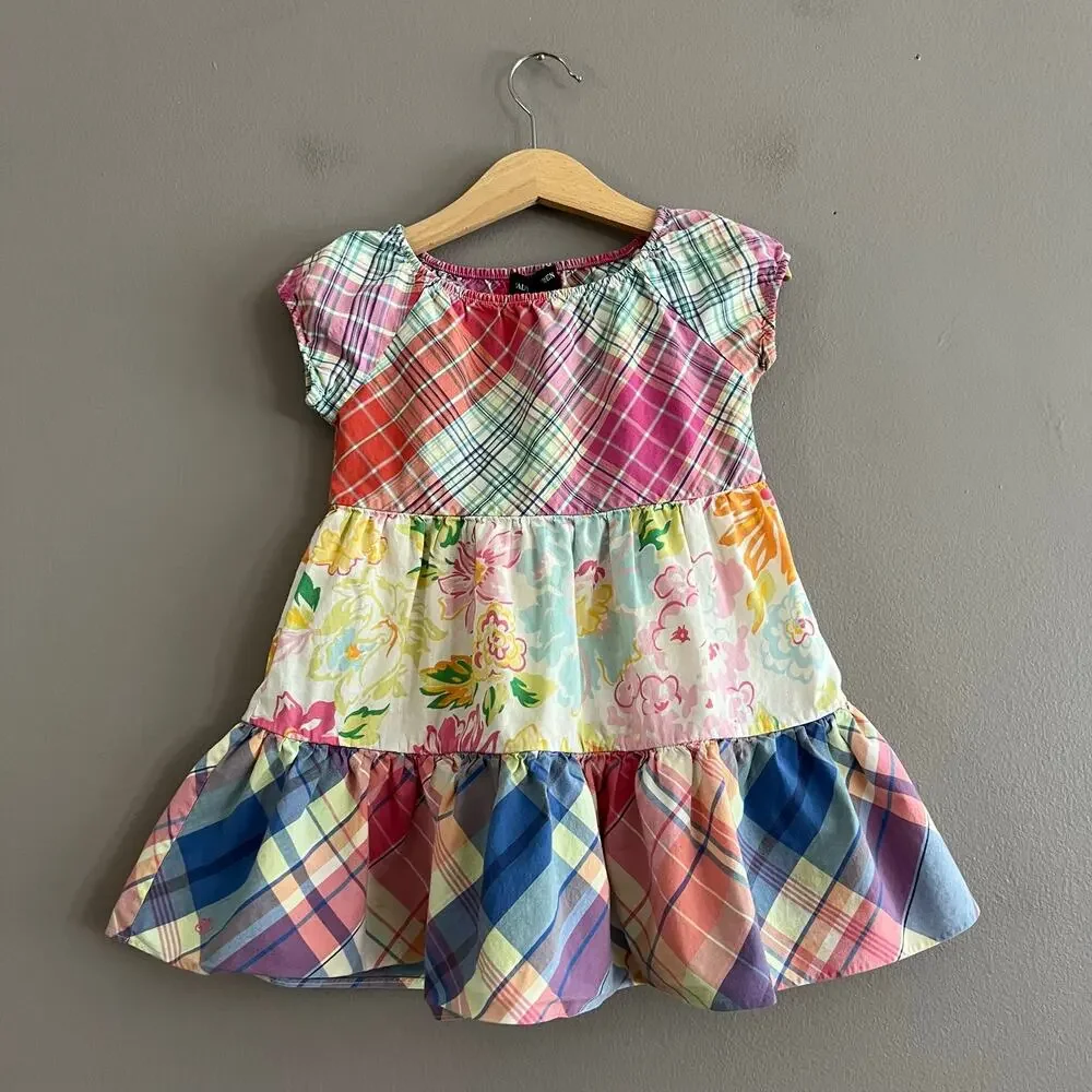 Ralph Lauren Baby Girls Dress 24M Plaid Floral Ruffle Short Sleeve Cotton